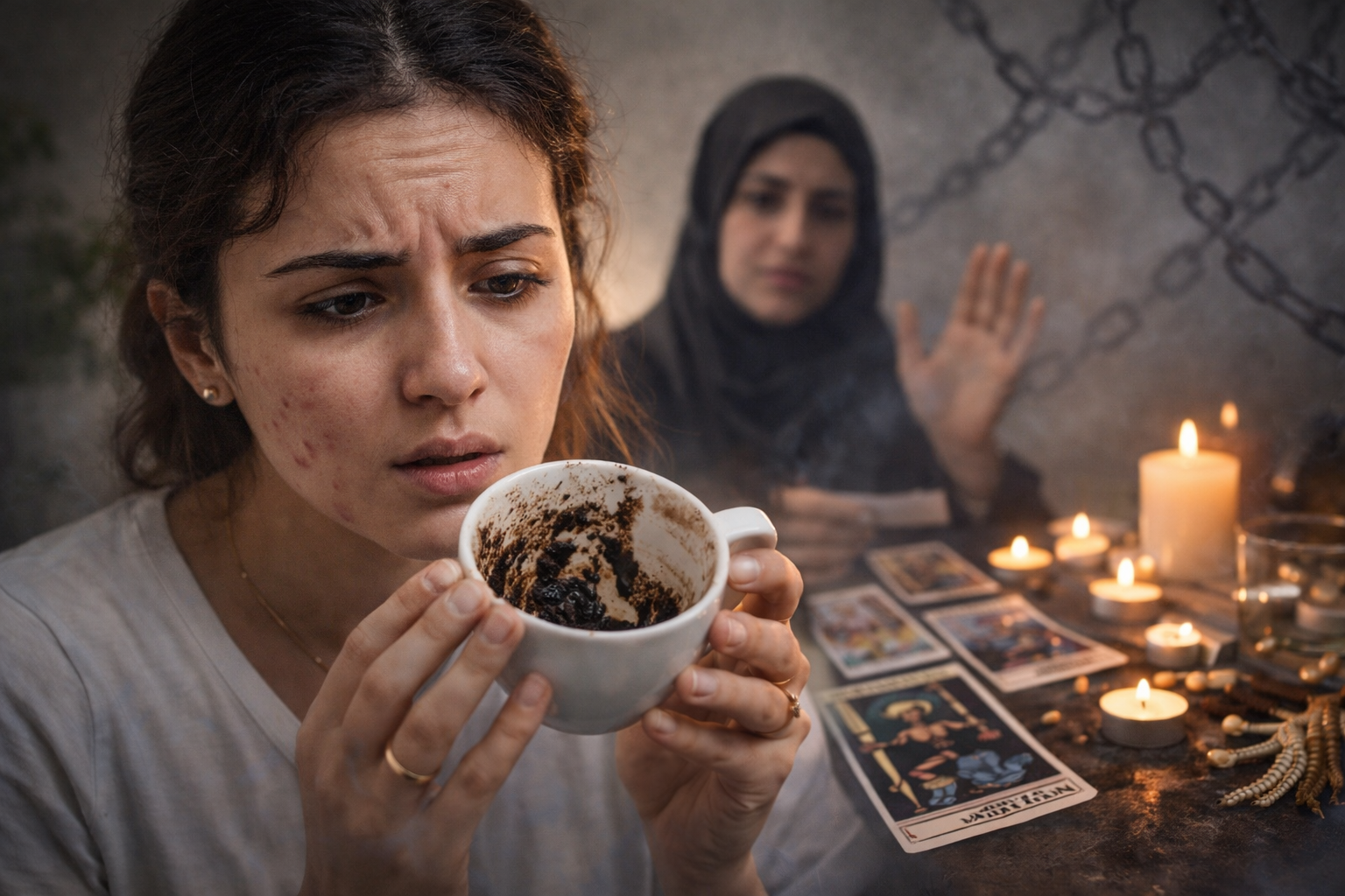 امرأة تحدّق في فنجان قهوة بقلق داخل غرفة خافتة الإضاءة مع شموع وخلفية توحي بتأثير العرافة على قراراتها