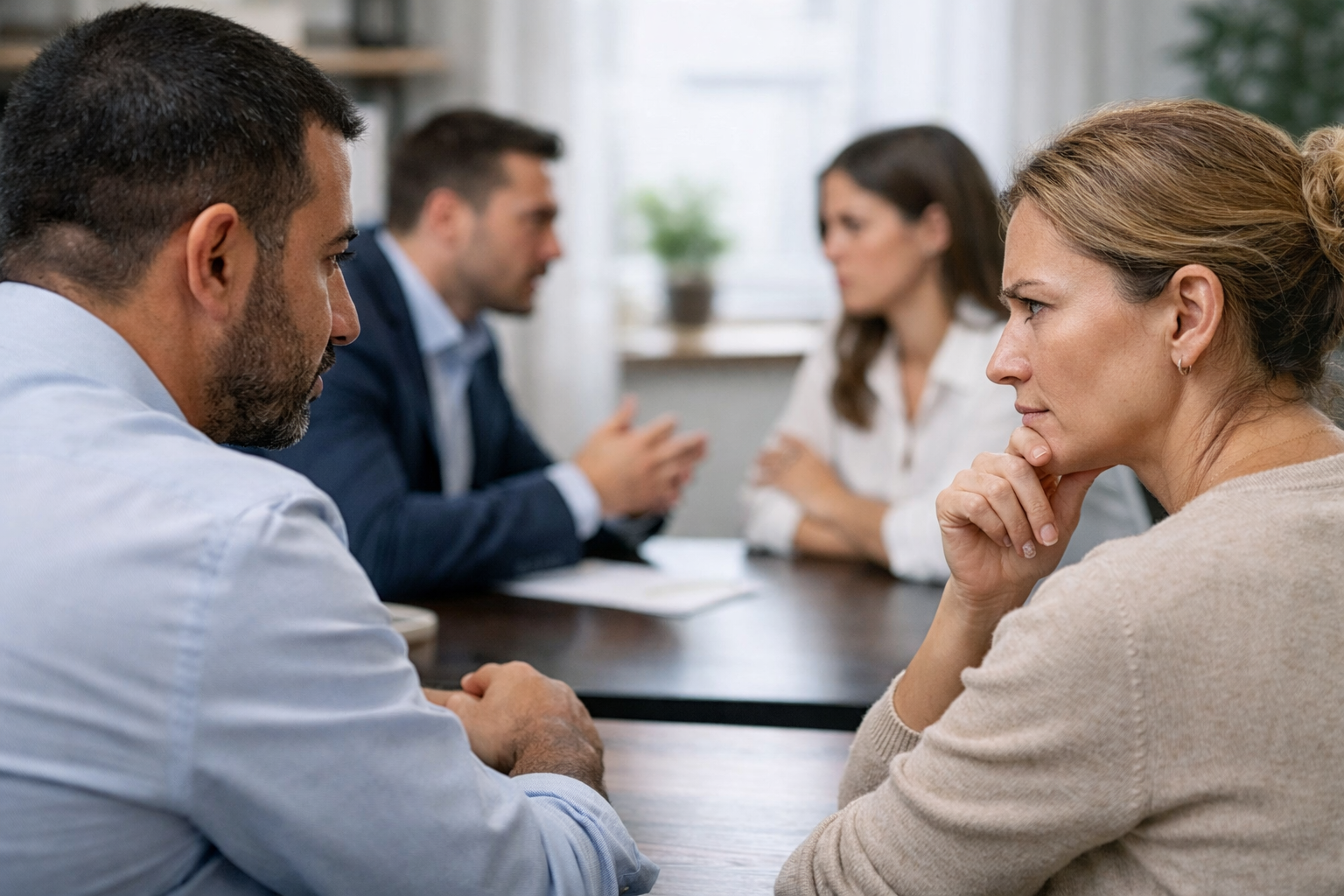 لقطة واقعية تُظهر ملامح التوتر والملاحظة في اجتماع عمل، كإشارة لقراءة لغة الجسد واحتمال سوء تفسيرها.