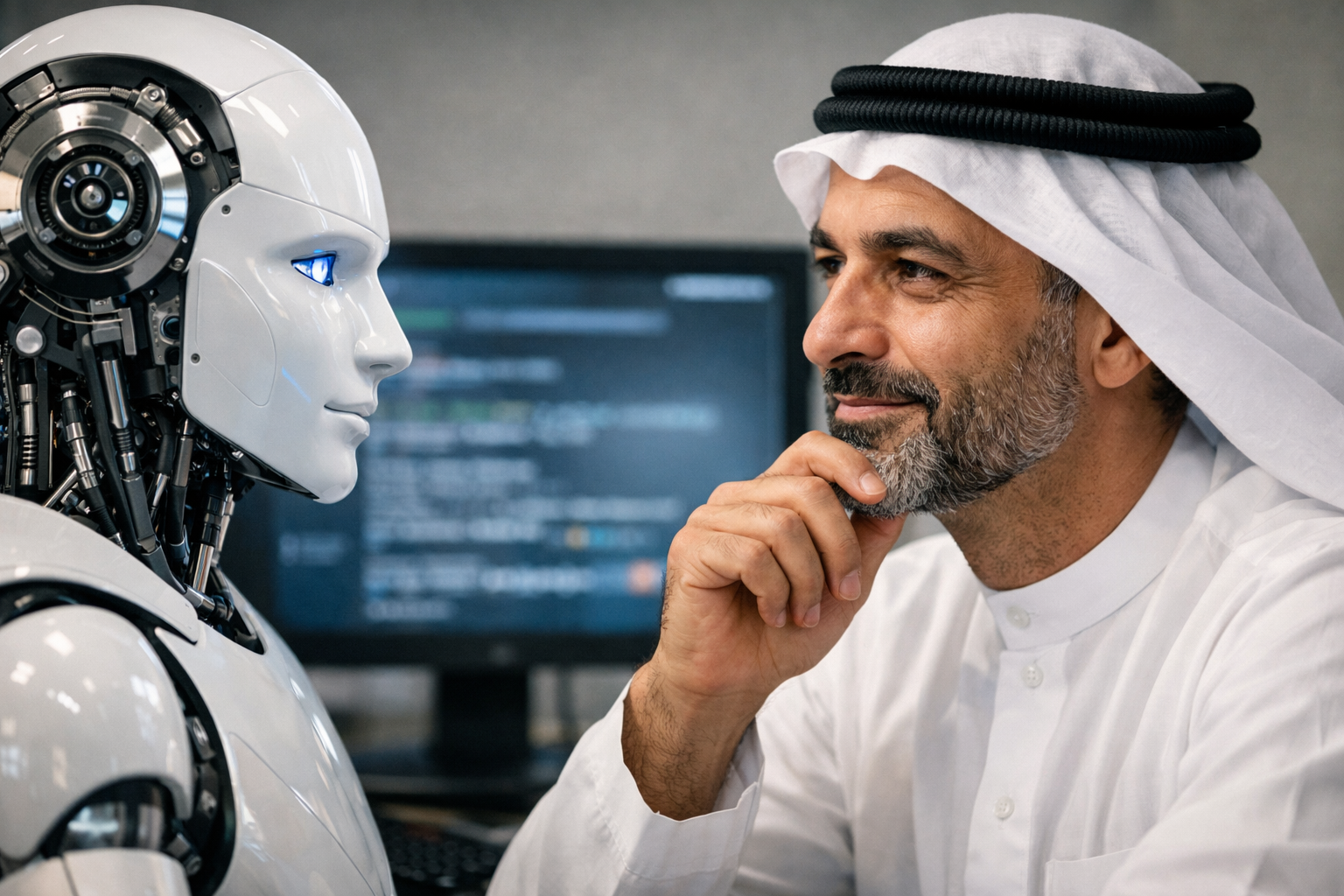 رجل يتأمل روبوتًا بشريّ الشكل أمام شاشة حاسوب ضبابية، في مشهد يرمز لثقة الناس بإجابات الذكاء الاصطناعي رغم احتمال خطئها.