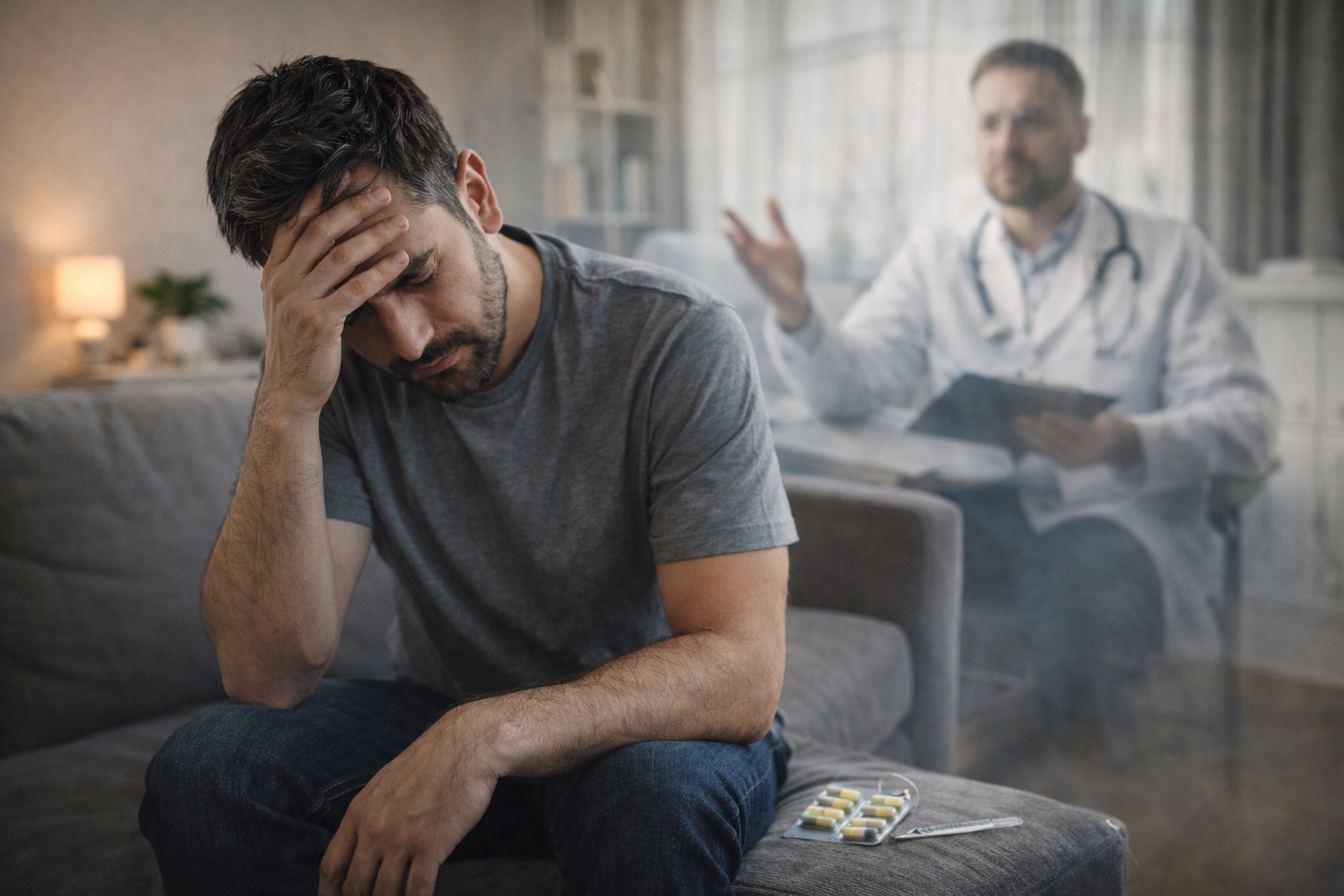 رجل يبدو متوترًا يجلس على أريكة ويمسك رأسه، أمامه أدوية، وخلفه طبيب غير واضح يرمز للتردد.