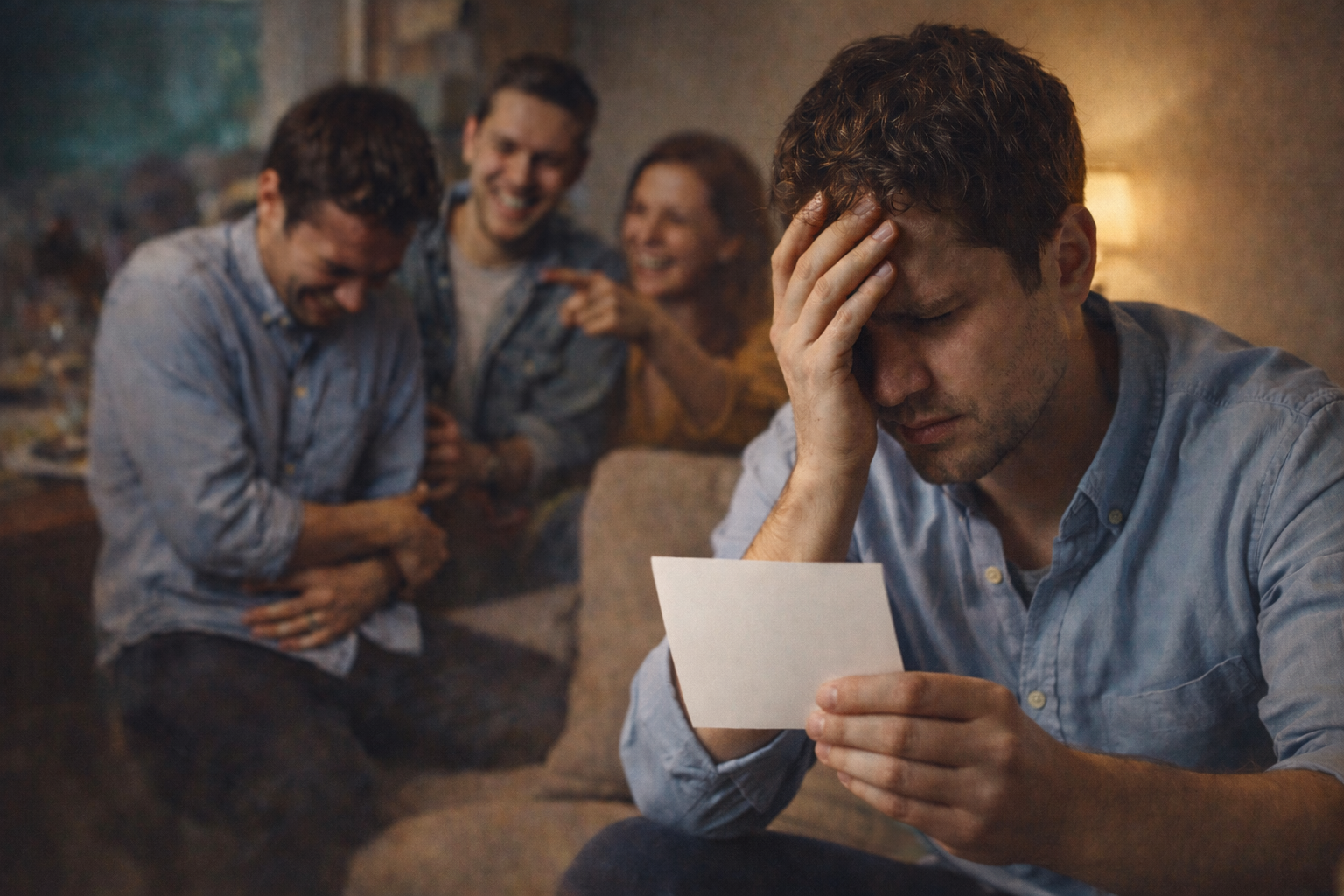 رجل يبدو متوترًا يمسك صورة بيضاء على أريكة، وخلفه أشخاص يضحكون بشكل ضبابي في مشهد يرمز لتذكّر الإحراج أكثر من الفرح