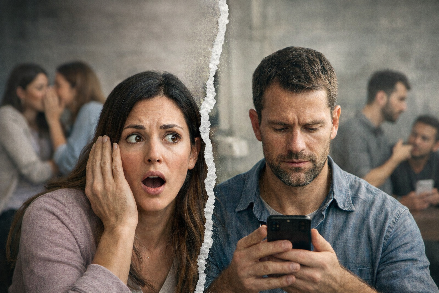 مشهد واقعي يُظهر انتشار الإشاعة عبر الهمس وردة فعل صادمة مقابل شخص يتحقق من هاتفه بحثًا عن الحقيقة