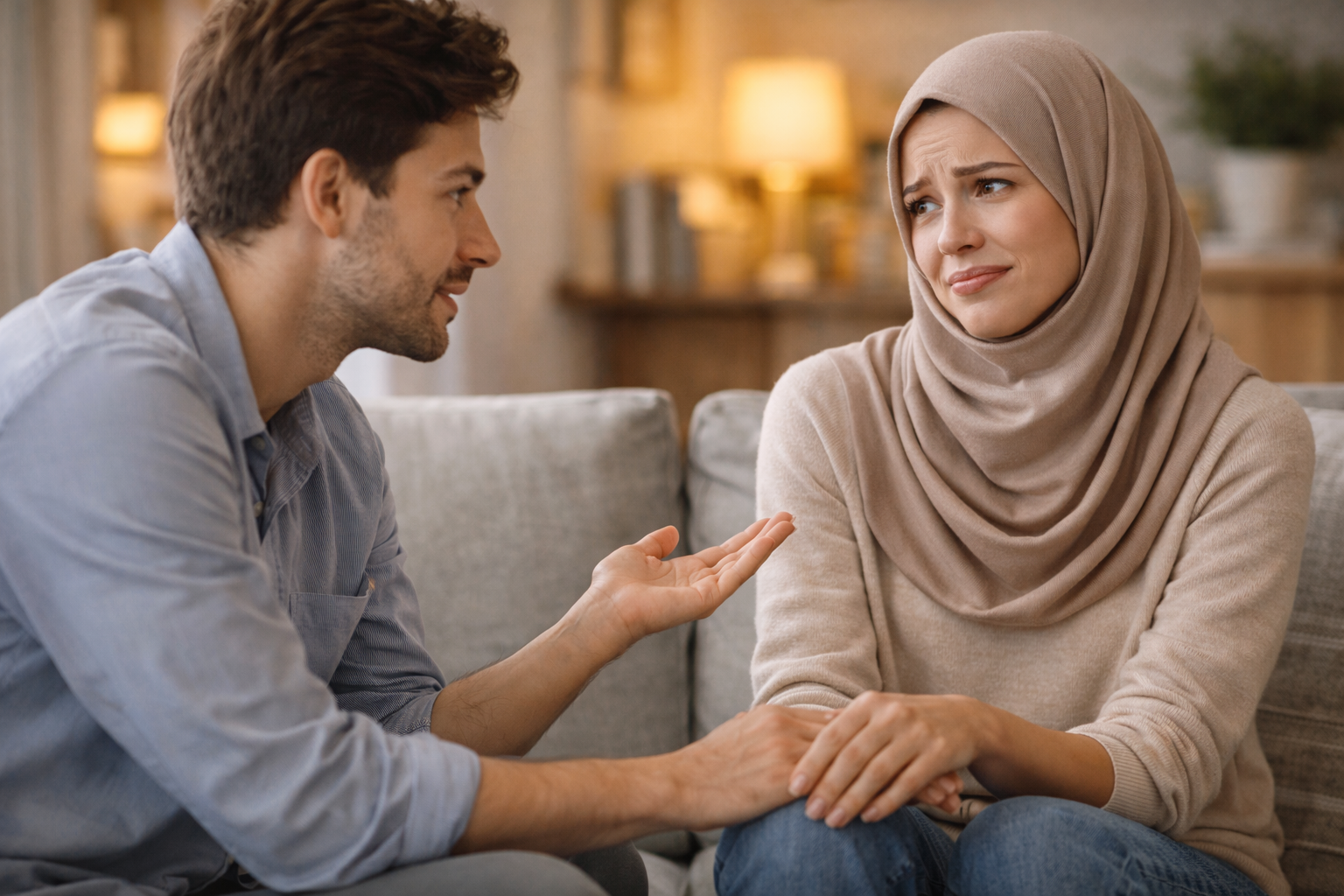 رجل يقدّم نصيحة بإيماءات هادئة لامرأة محجبة تبدو غير مرتاحة على أريكة، في لقطة واقعية بلا نصوص
