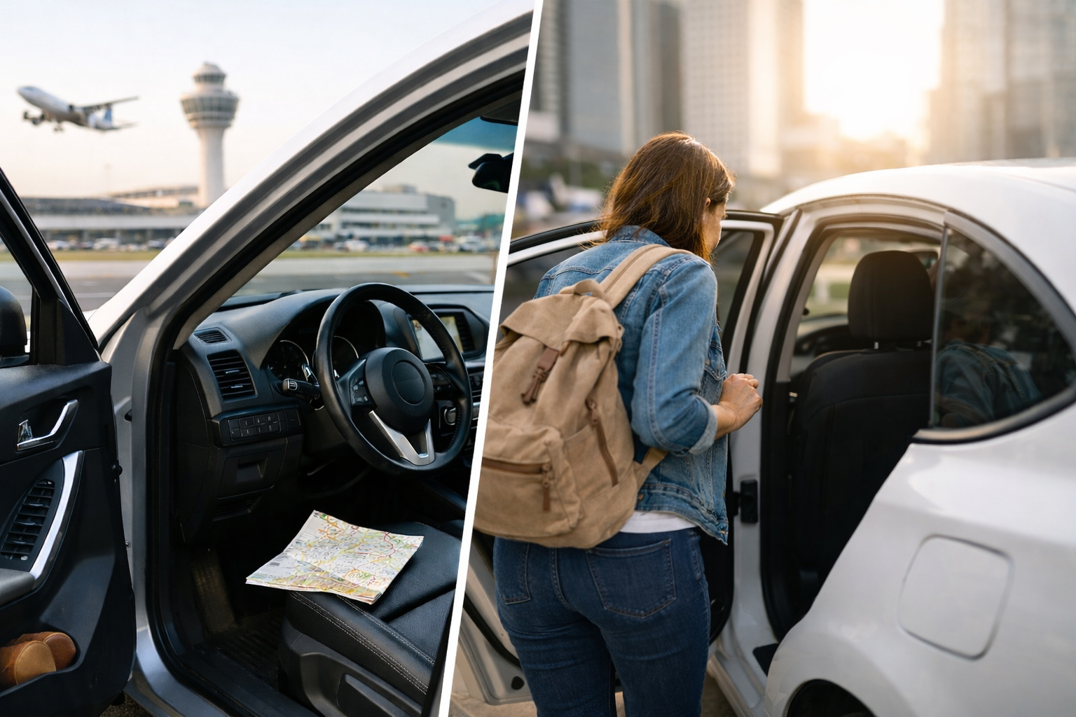 مقارنة واقعية بين استئجار سيارة عند المطار وركوب سيارة عبر تطبيق نقل داخل المدينة، مع تركيز على الراحة والتكلفة