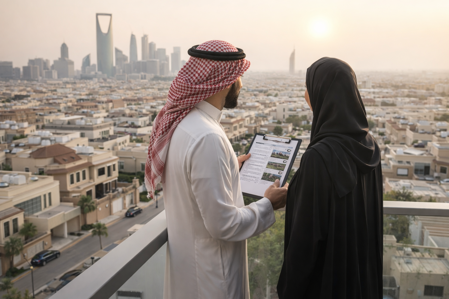 زوجان يقفان على شرفة مطلة على أحياء سكنية حديثة في الرياض مع مخطط عقاري، في مشهد واقعي يعبر عن قرار الشراء العقاري