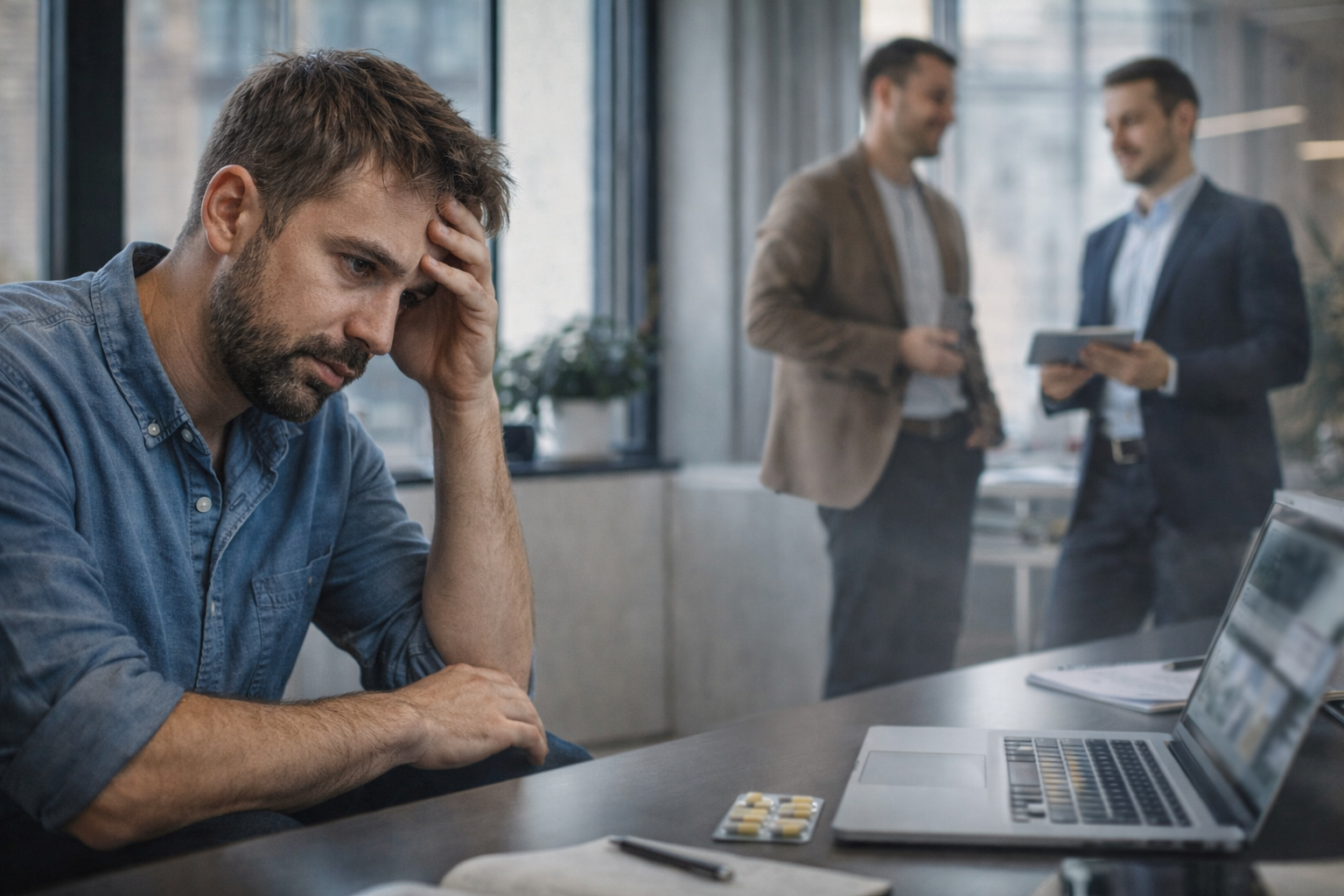 رجل متوتر في مكتب ينظر للأسفل ويمسك رأسه، بينما زملاء ناجحون بالخلفية بشكل ضبابي يوحون بالمقارنة.