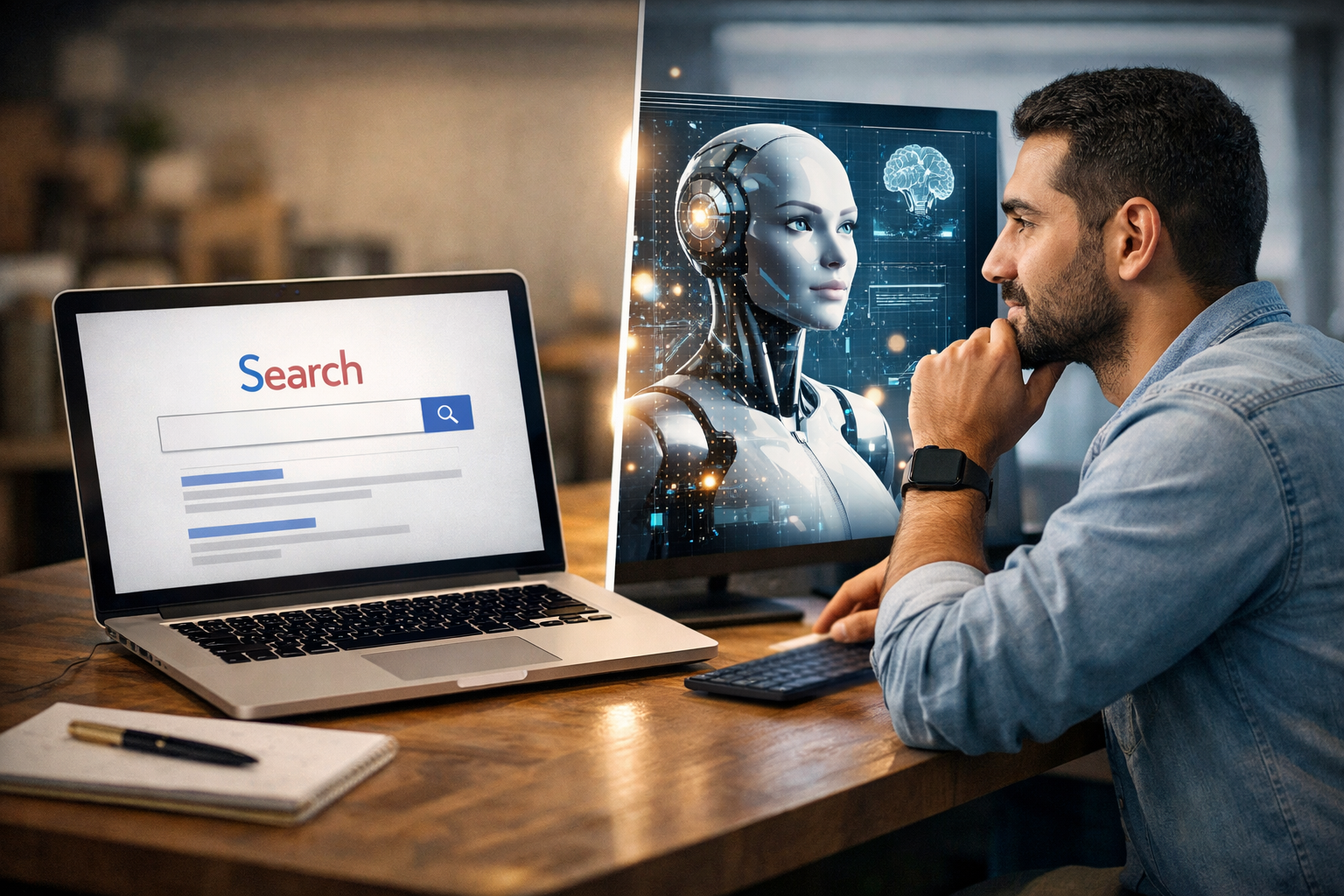 مشهد واقعي يقارن بين شاشة بحث تقليدية وحل ذكاء اصطناعي تفاعلي داخل مكتب حديث أثناء العمل على الحاسوب.