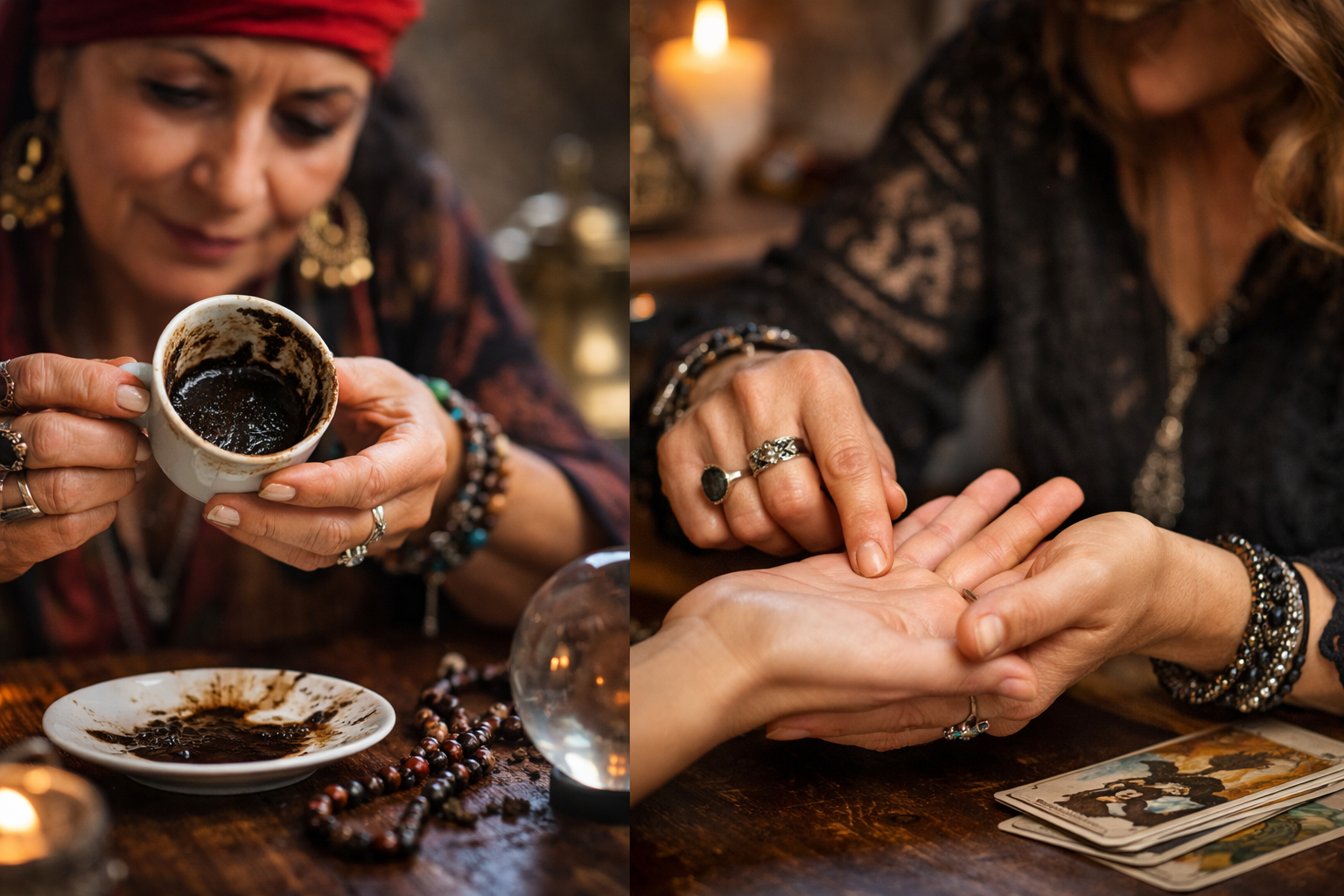 مشهد واقعي يقارن بين قراءة الفنجان بترسّبات القهوة وقراءة الكف ليد مفتوحة على طاولة خشبية بإضاءة دافئة.