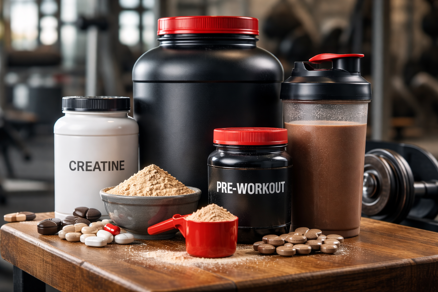 ترتيب واقعي لمكملات كمال الأجسام على طاولة جيم: بروتين وكرياتين وما قبل التمرين مع شيكر وكبسولات.