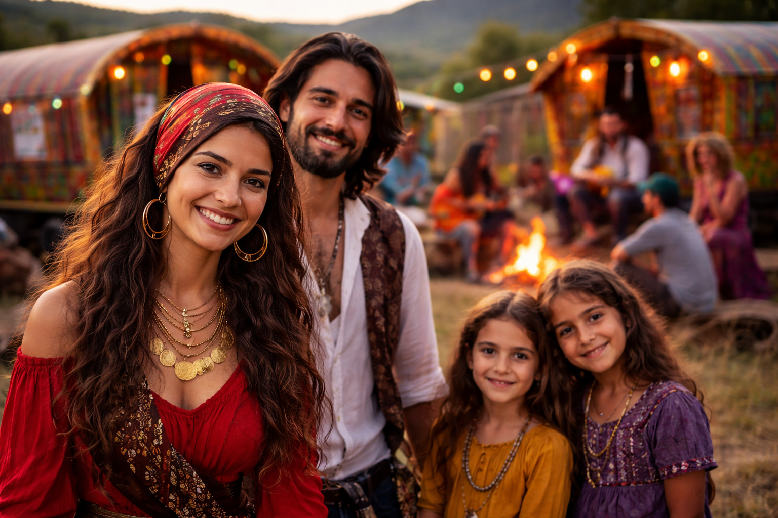 عائلة من الغجر في مخيم تقليدي مع عربات ملوّنة ونار مخيم عند الغروب، في لقطة واقعية دافئة.
