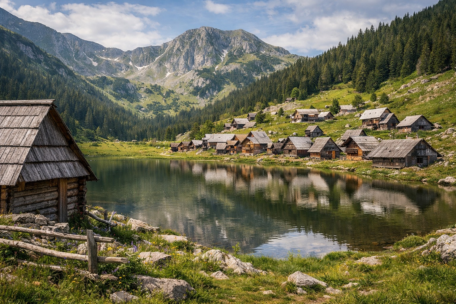 بحيرة بروكوشكو Prokoško Jezero بين جبال فرانييتسا، أكواخ خشبية تقليدية ومياه صافية تعكس القمم الخضراء.