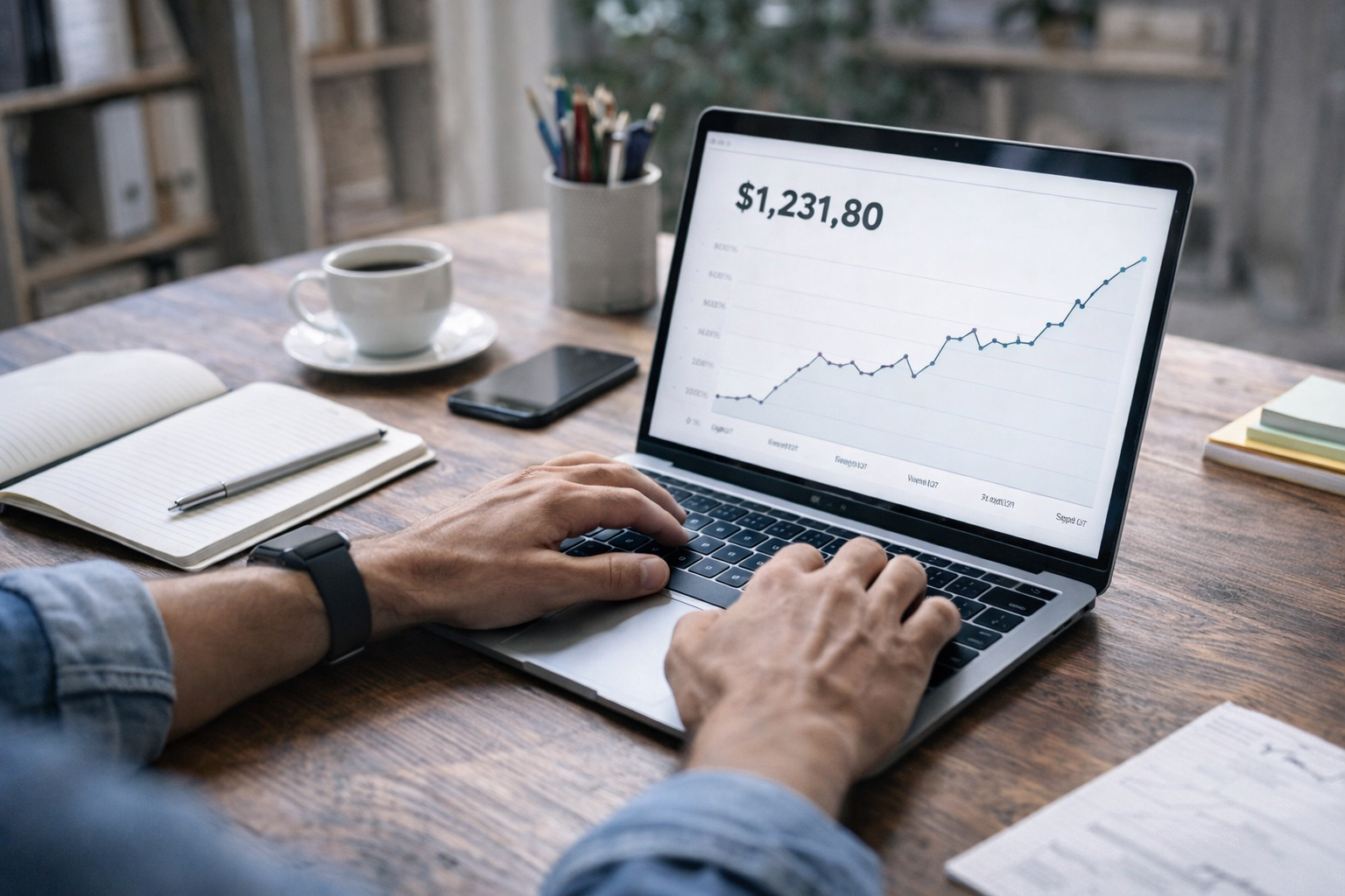 شخص يعمل على لابتوب يعرض نمو الدخل عبر مخطط تصاعدي، في مكتب منزلي يرمز لبناء دخل مستدام بمهارات رقمية.
