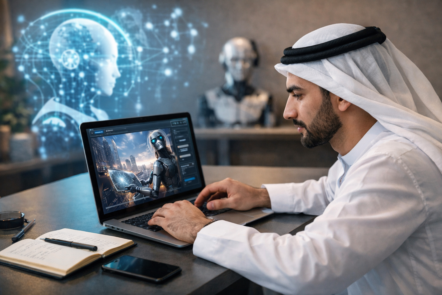 رجل سعودي يعمل على لابتوب في مكتب حديث، يكتب أوامر دقيقة لتحسين مخرجات الذكاء الاصطناعي بشكل واضح.