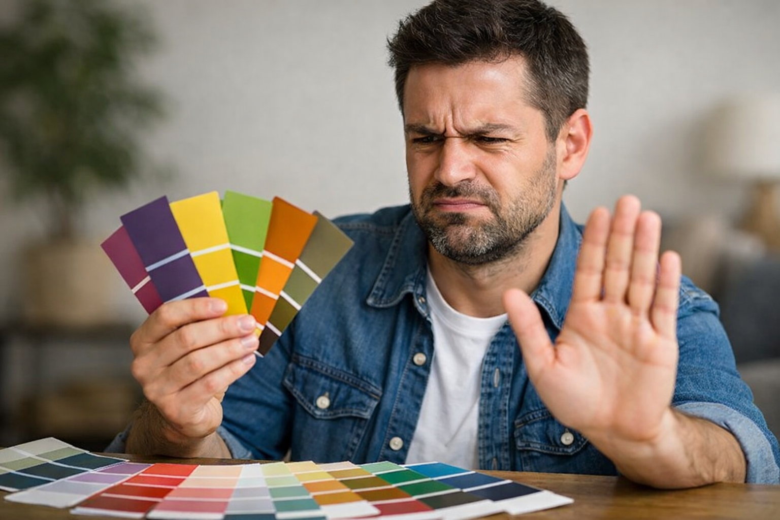 رجل يرفع يده رافضًا وهو يمسك عينات ألوان متعددة، مع تعبير انزعاج يوحي بنفور غير مبرر من لون معين.