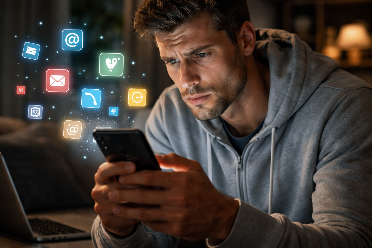 شخص يتفحّص هاتفه بقلق في غرفة مظلمة مع رموز تطبيقات عائمة، يرمز لمخاوف الخصوصية وجمع البيانات.