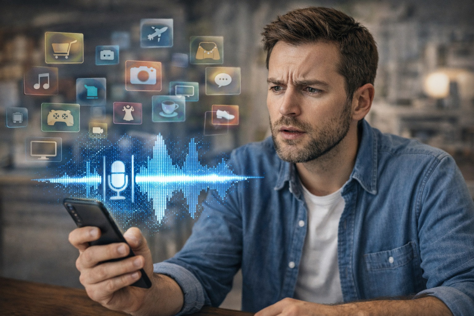 رجل ينظر بقلق إلى هاتفه مع موجة صوتية وأيقونات تطبيقات ترمز لاحتمال التتبع والخوارزميات