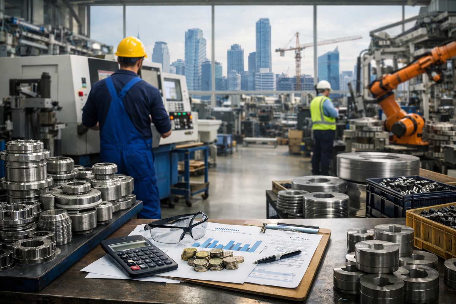 مشهد مصنع حديث يرمز لتوطين الصناعة: معدات إنتاج وذراع روبوت وقطع معدنية مع أوراق تكلفة وعملة وحاسبة.