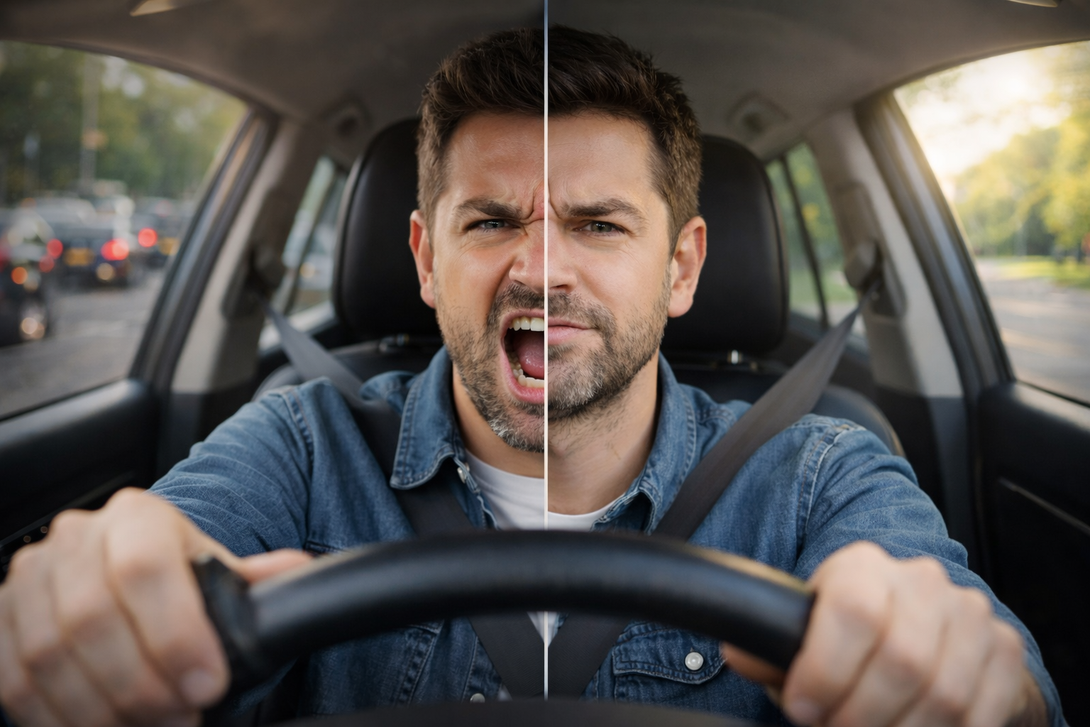 سائق داخل السيارة بصورة مقسومة تُظهر نصف وجه غاضب ونصف هادئ، مع اختلاف واضح بين زحام وطريق هادئ بالخلفية.