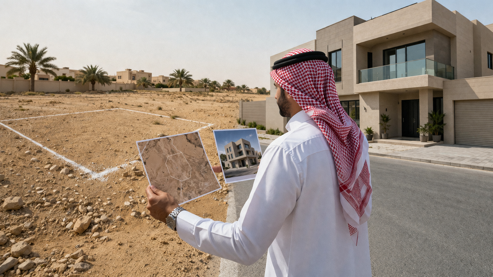 مشهد عقاري واقعي في شمال الرياض يُظهر أرضًا فضاء مقابل وحدة سكنية جاهزة ضمن حي حديث لاتخاذ قرار الشراء.