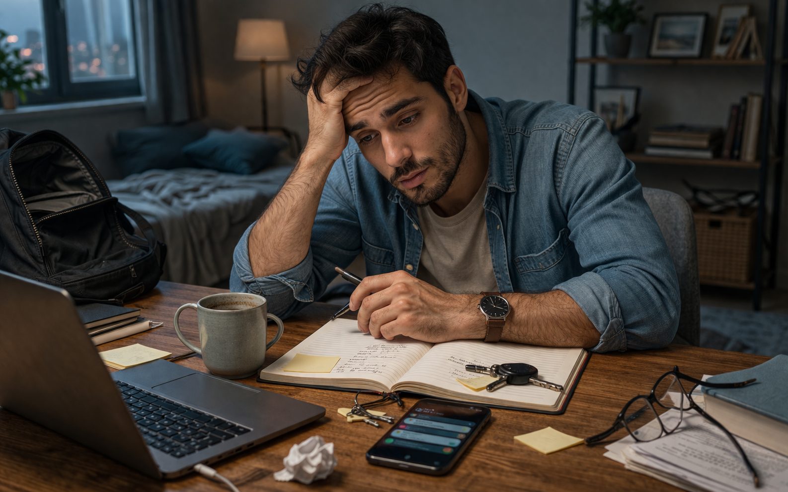 رجل يبدو مرهقًا أمام مكتب مليء بأغراض يومية يواجه التشتت وضعف التركيز في مشهد واقعي يعبّر عن أسباب النسيان