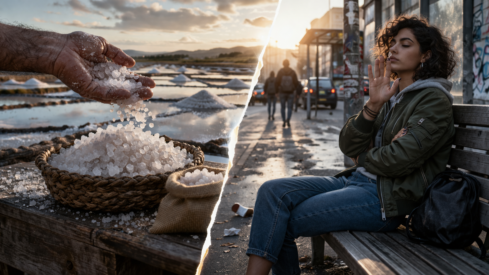 مشهد واقعي منقسم بين كومة ملح في بيئة تقليدية وشخصية تبدو غير مبالية في شارع حضري، لتجسيد تحوّل معنى كلمة طز عبر الزمن.