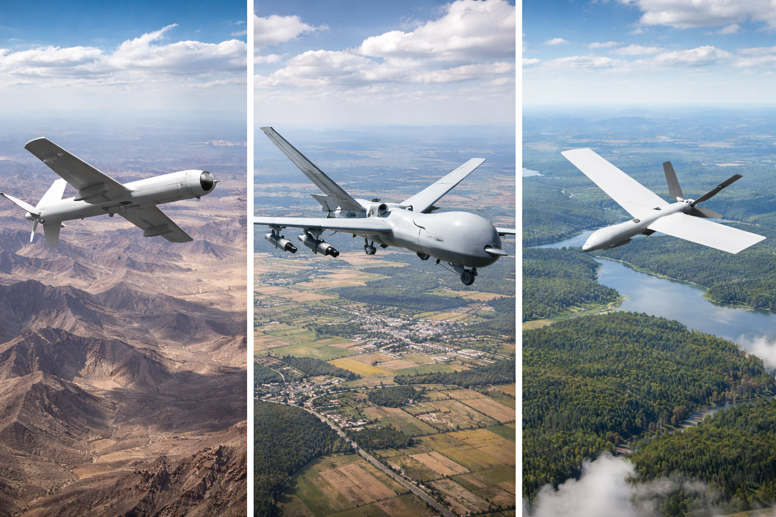صورة واقعية من منظور جوي مرتفع تُظهر عدة أنواع من الطائرات المسيّرة محلقة فوق تضاريس متنوعة وخلفية واسعة.