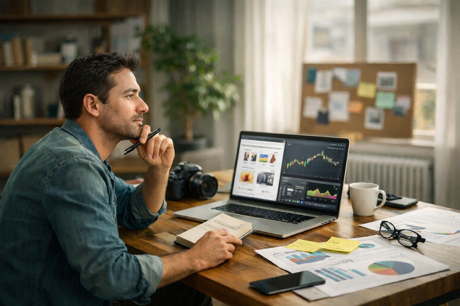 رجل يعمل من مكتب منزلي ينظر لتحليلات على اللابتوب ويقارن أفكار مشاريع رقمية لاختيار مجال مربح يناسب وقته.