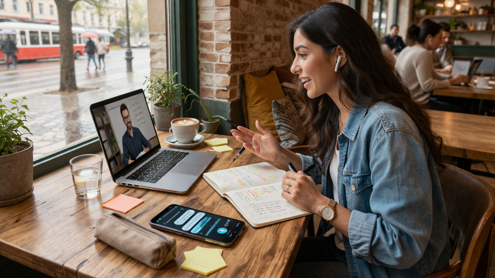 متعلّمة لغة تجلس في مقهى أمام حاسوب محمول أثناء درس مباشر، مع دفتر ملاحظات وهاتف يعكسان التوازن بين الحفظ والممارسة