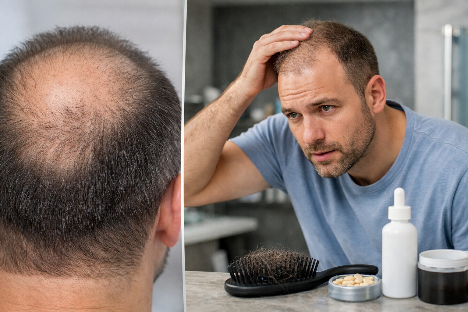 صورة واقعية لرجل يلاحظ انحسار خط الشعر وترقق الشعر في مقدمة الرأس مع ظهور منطقة صلع أعلى الرأس بشكل واضح