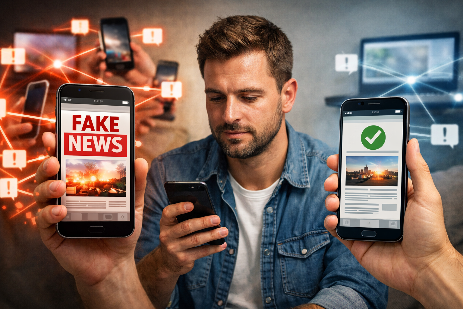 مشهد واقعي يُبرز مقارنة بصرية بين خبر مضلل ينتشر بسرعة وخبر صحيح ينتشر ببطء عبر الهواتف والمنصات الرقمية.