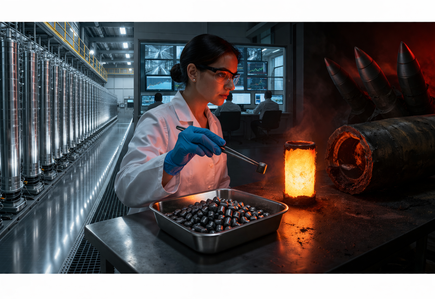 مشهد واقعي داخل منشأة صناعية نووية يبرز أجهزة الطرد المركزي وخبيرًا يفحص مادة اليورانيوم في بيئة عالية الدقة