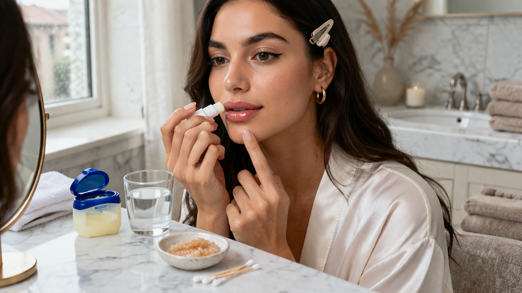 امرأة تطبق مرطب شفاه أمام المرآة داخل حمام أنيق ضمن روتين عملي لتحضير الشفاه ومنع تشقق الروج