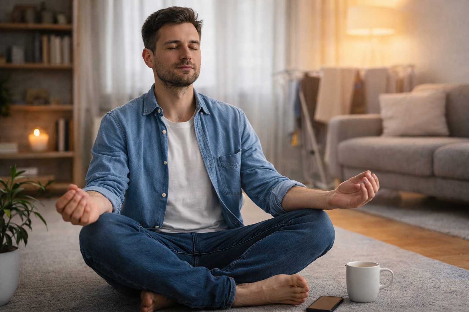 رجل يجلس بهدوء في غرفة معيشة مريحة ويمارس الاسترخاء في مشهد واقعي يعبّر عن تقليل التوتر اليومي بطريقة عملية