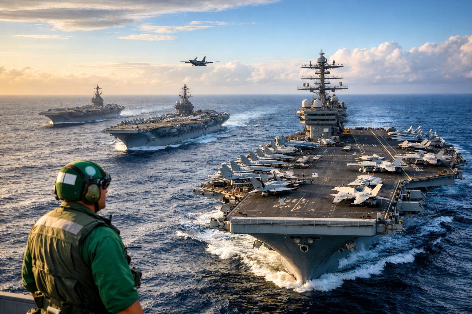 مشهد واقعي لعدة حاملات طائرات أمريكية تبحر في البحر المفتوح مع طائرات مقاتلة على السطح وتكوين عسكري واضح