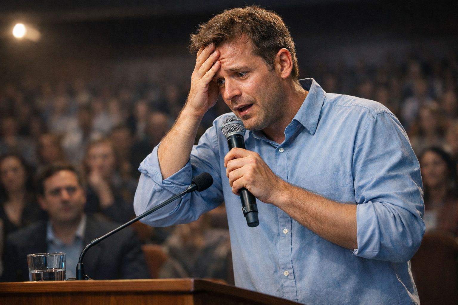 رجل يبدو عليه التوتر الشديد وهو يتحدث في قاعة أمام جمهور، ممسكًا بميكروفون وبجو يوحي برهاب التحدث أمام الناس.