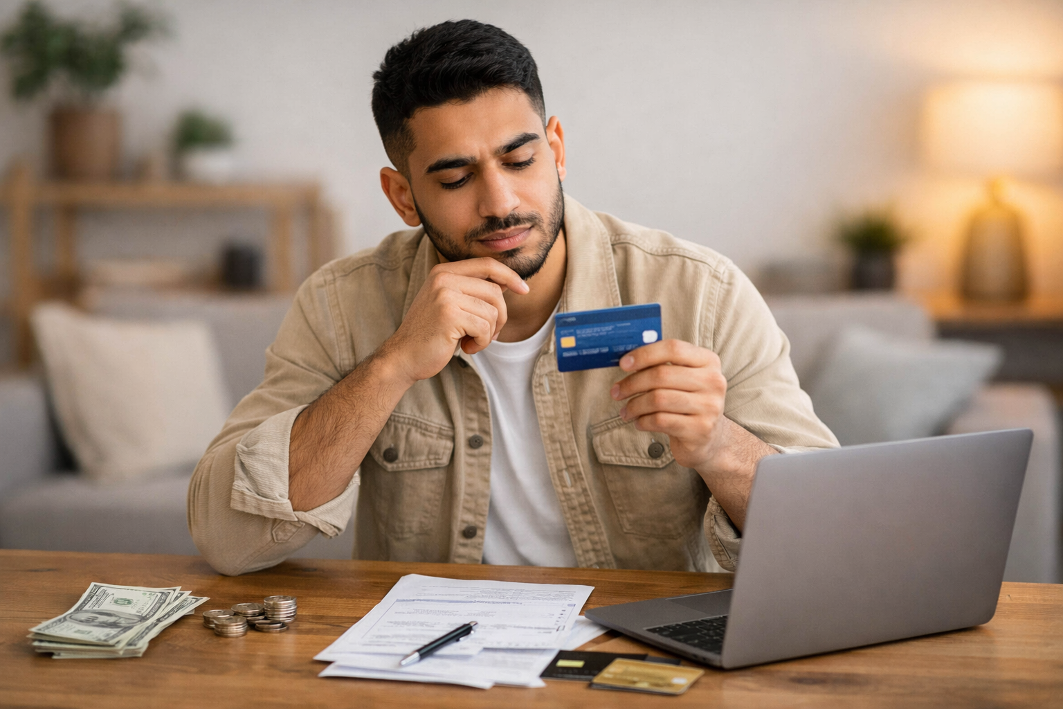 رجل يجلس أمام حاسوب محمول ويمسك بطاقة ائتمان بينما يراجع أوراقًا ومصاريف نقدية في مشهد مالي واقعي