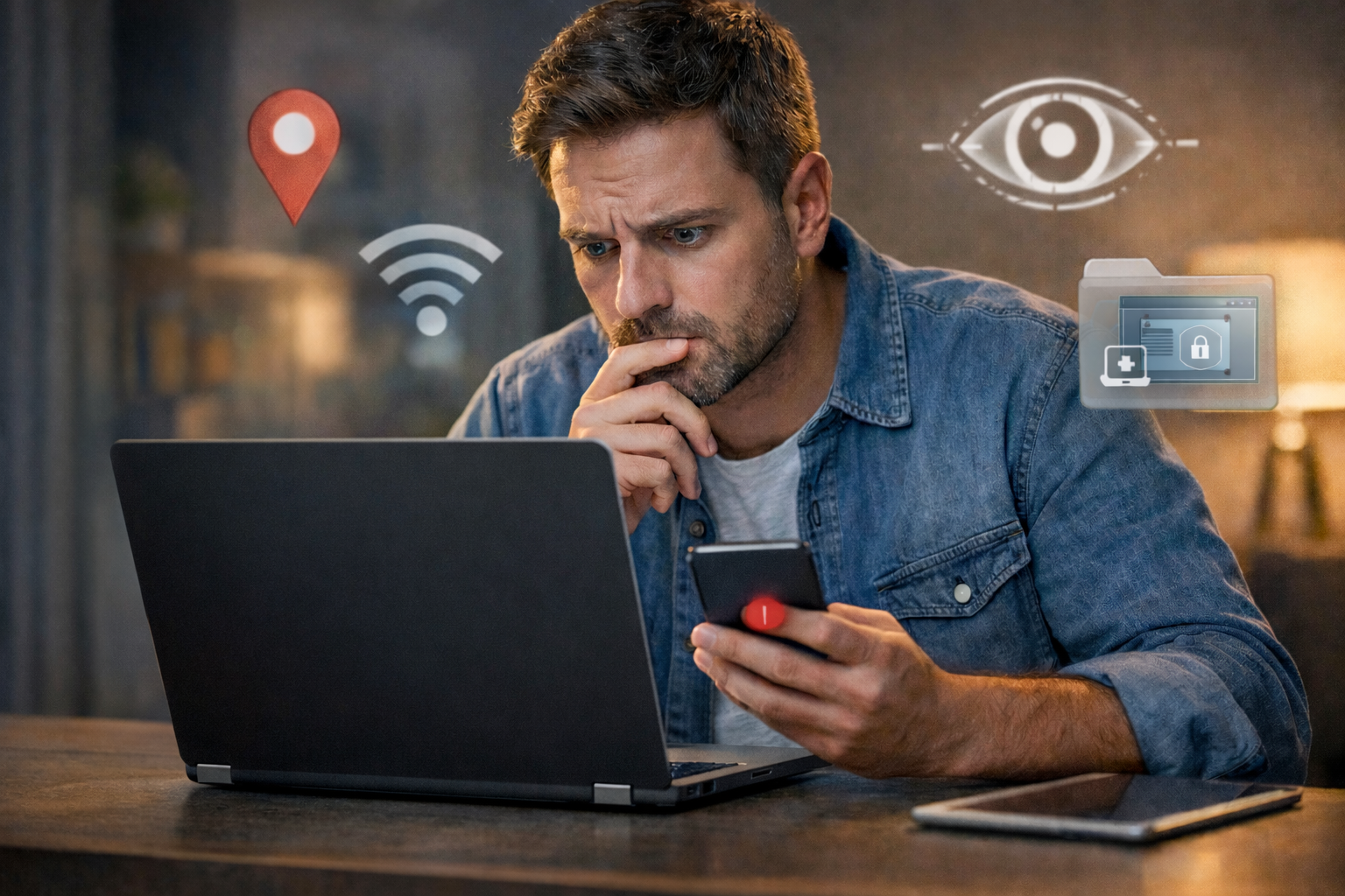 رجل ينظر بقلق إلى لابتوب وهاتف أثناء فحص مؤشرات التتبع الرقمي والوصول عن بُعد على أجهزته