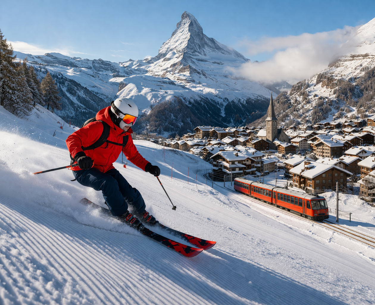 منظر شتوي واقعي في زيرمات السويسرية يظهر متزلجًا فوق منحدر ثلجي والقرية الجبلية مع قمة شهيرة في الخلفية