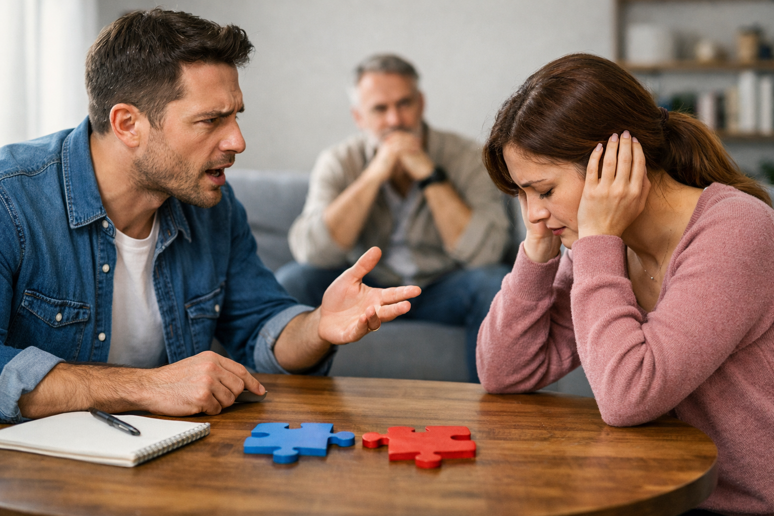 مشهد واقعي لشخصين في نقاش متوتر يعكس سوء الفهم المتكرر وتأثير الانفعال على التواصل مع وجود دلالة بصرية على محاولة الإصلاح