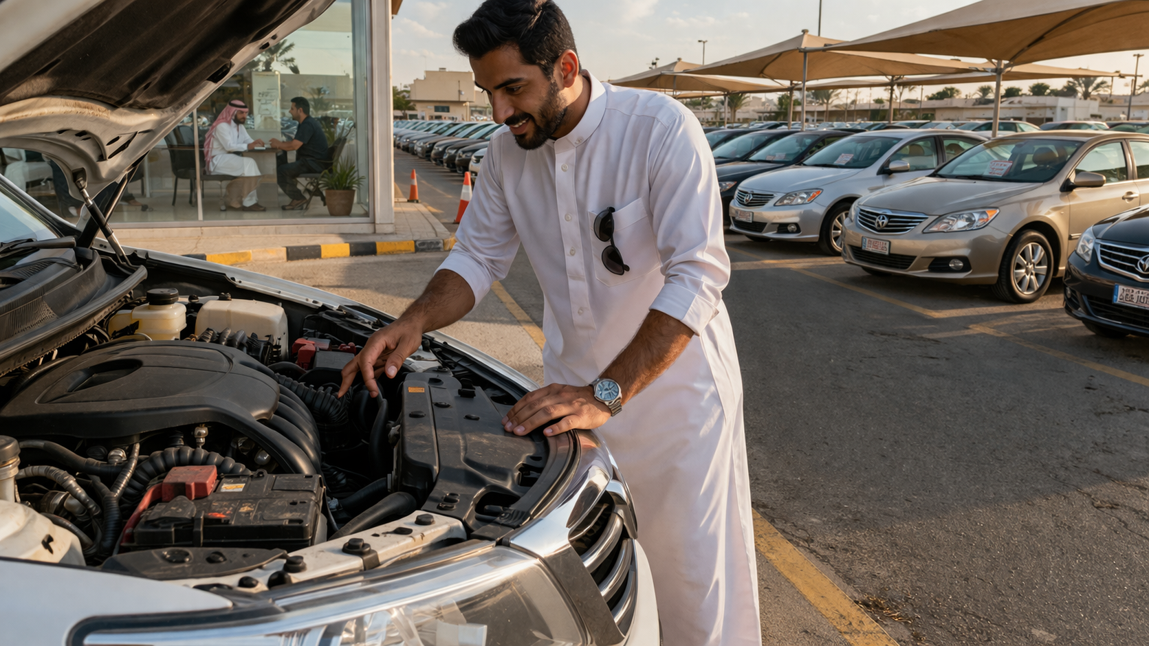 رجل يفحص سيارة مستعملة في معرض سيارات خارجي بمشهد واقعي يوضح المقارنة العملية بين شراء المستعمل والجديد.
