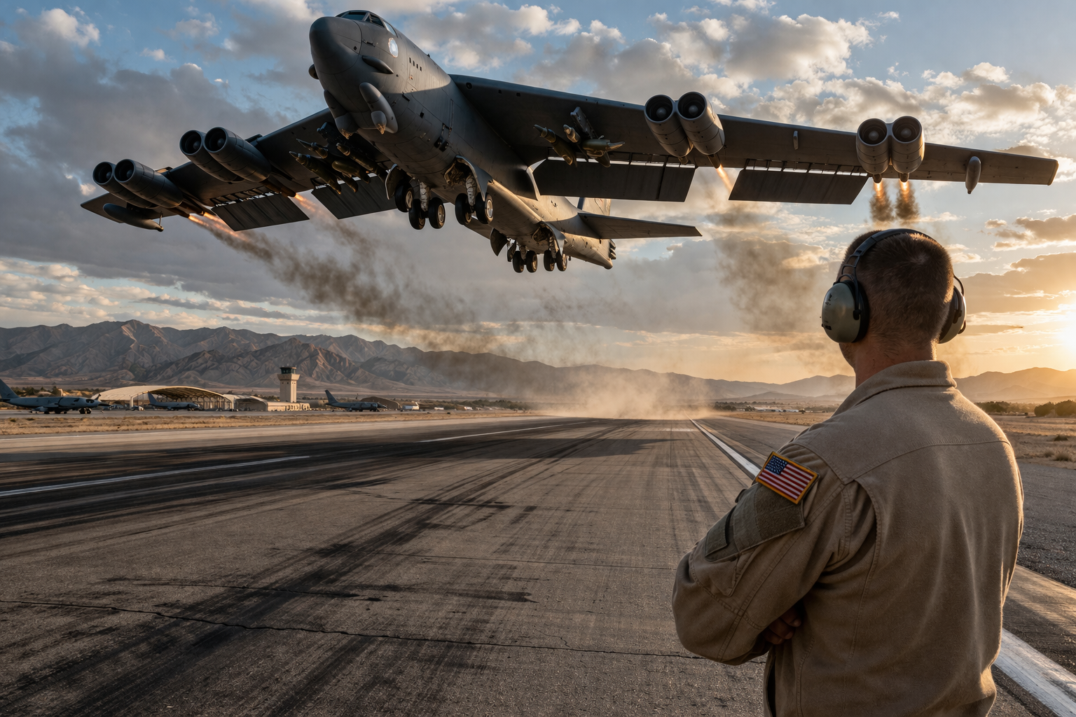 صورة واقعية لطائرة B-52 ضخمة تحلق فوق مدرج عسكري لحظة الإقلاع، مع إبراز حجمها ومدى حضورها القتالي في مشهد واضح ودقيق.