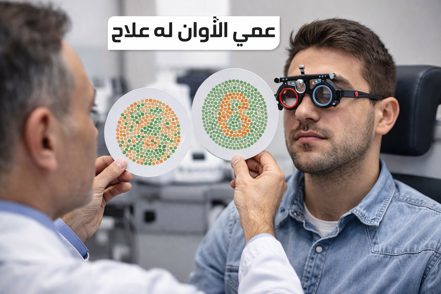 مشهد واقعي لمريض يخضع لاختبار عمى الألوان داخل عيادة عيون باستخدام لوحات فحص ملونة وعدسات طبية متخصصة