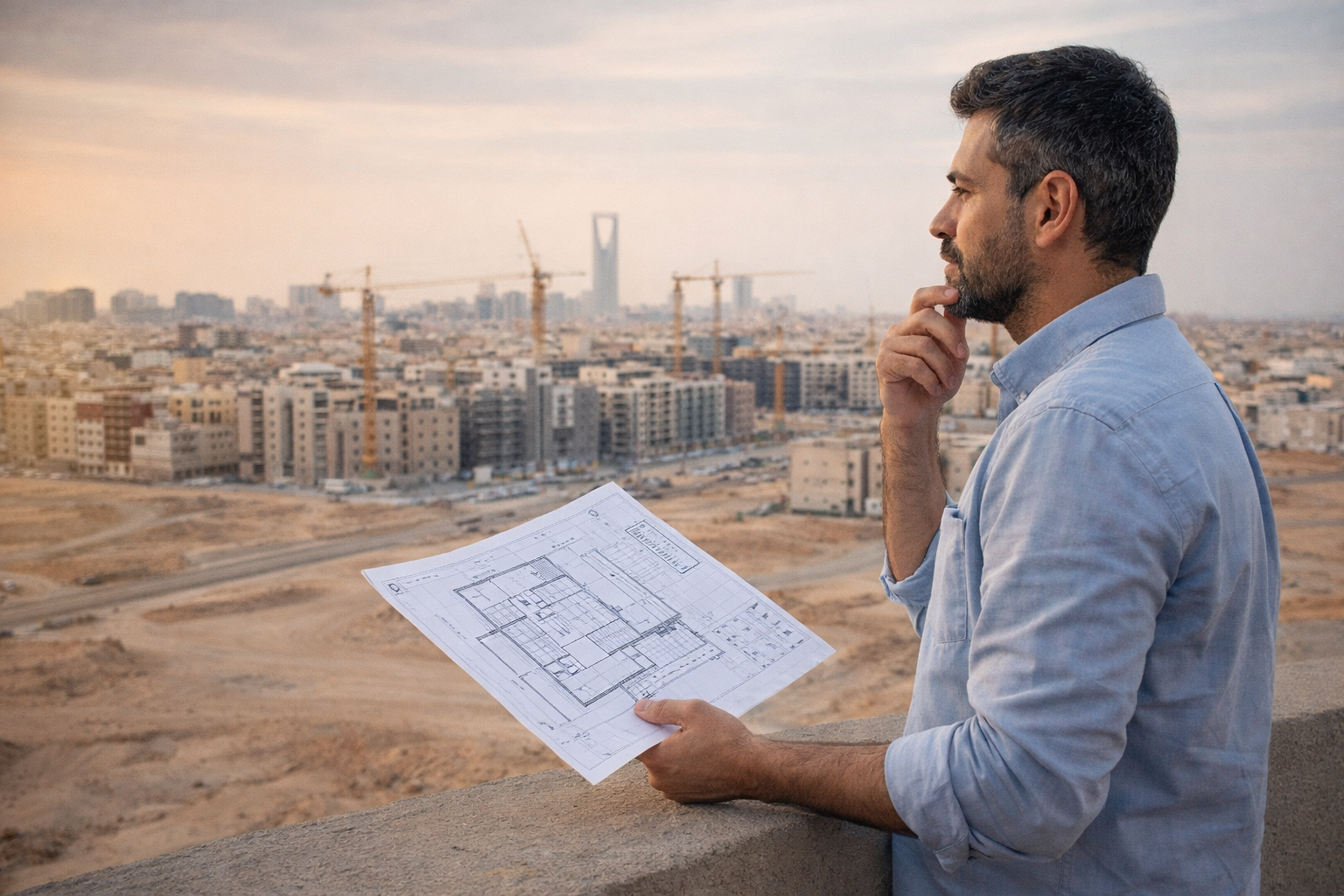 رجل يتأمل مشهدًا عمرانيًا في شمال الرياض ويحمل مخططًا عقاريًا لتقييم جدوى الاستثمار طويل الأجل