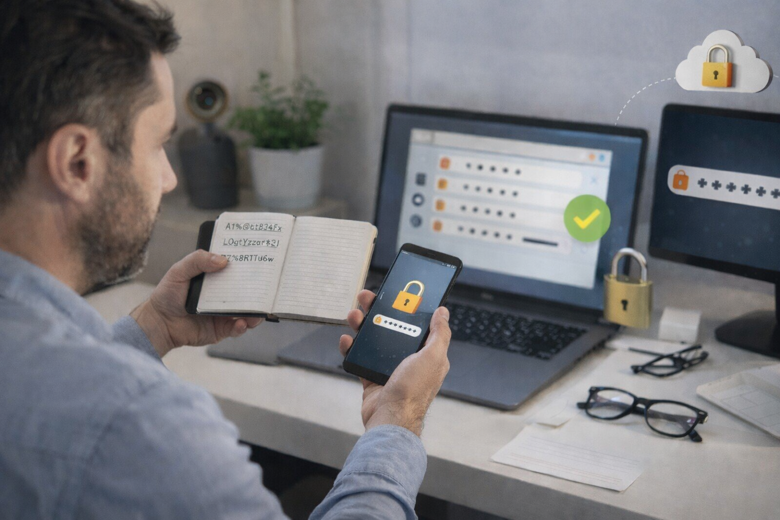 شخص يستخدم هاتفًا وحاسوبًا محمولًا في بيئة عمل حديثة لإدارة كلمات المرور القوية وتنظيم الوصول إلى الحسابات.