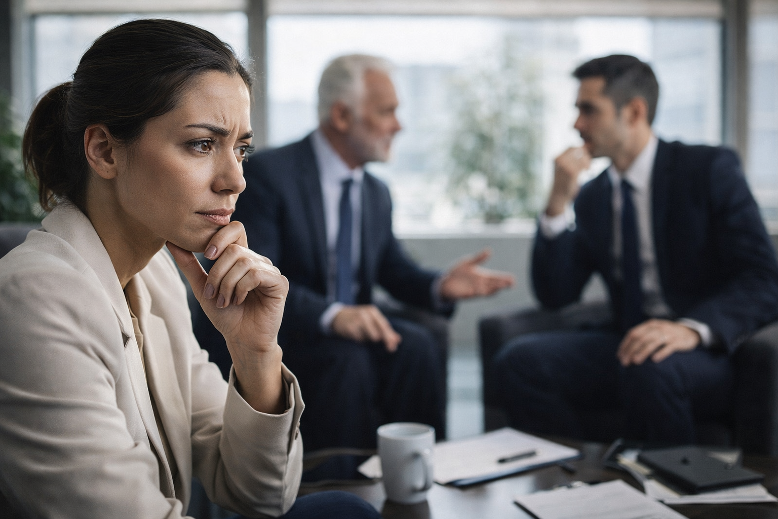 امرأة تراقب تعابير وحركات شخصين في اجتماع عمل داخل مكتب حديث، في مشهد واقعي يعبّر عن قراءة لغة الجسد وتحليل الإشارات غير اللفظية.
