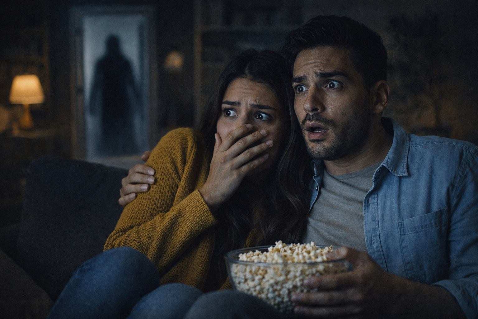 شخصان يجلسان في غرفة معيشة هادئة ليلًا ويتابعان فيلم رعب بتعبيرات خوف ممتزجة بالفضول في مشهد واقعي.
