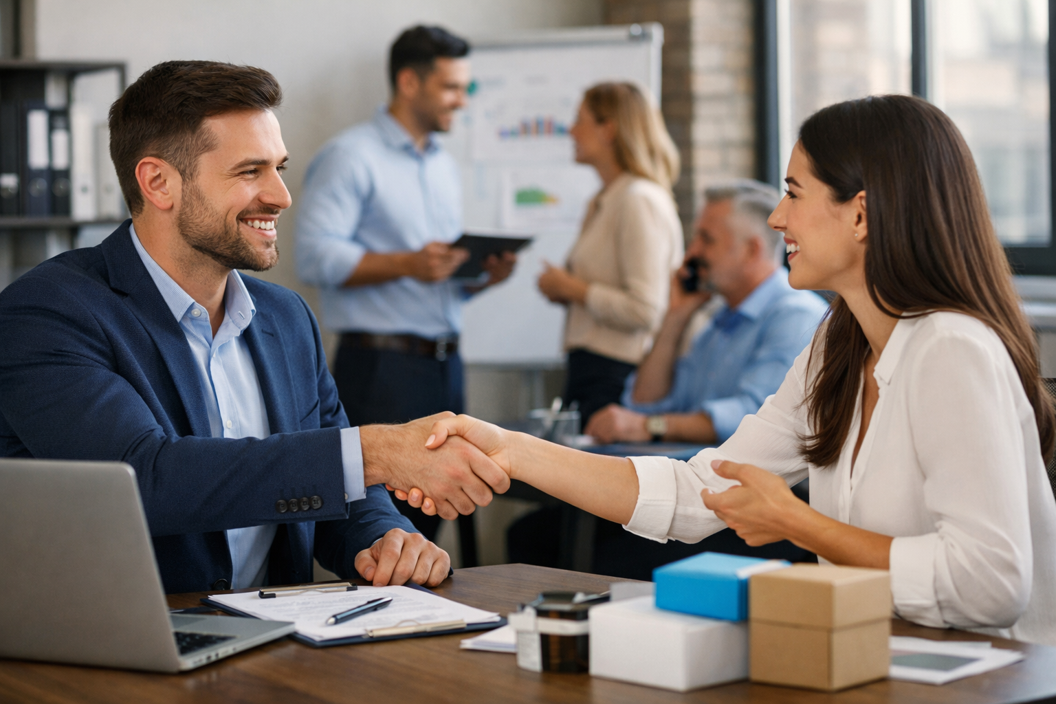 موظف مبيعات يصافح عميلة داخل مكتب حديث في مشهد واقعي يوضح معنى سيلز ودوره في العمل والتجارة
