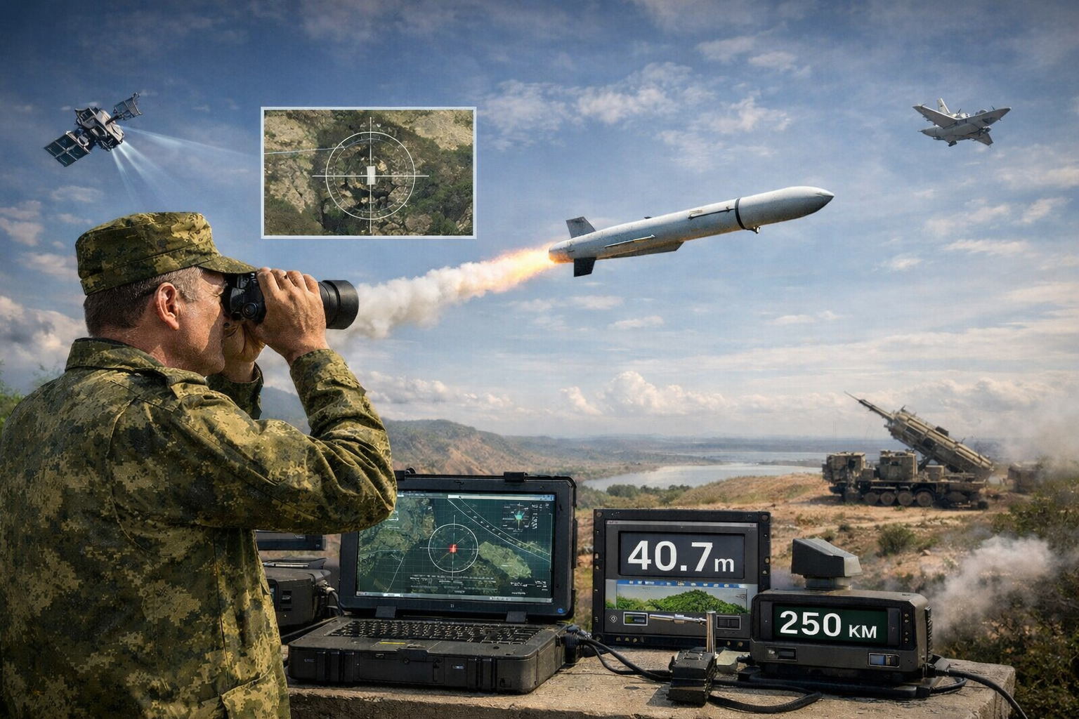 ضابط يراقب إطلاق صاروخ كروز فوق تضاريس مفتوحة مع شاشات ميدانية توضح مسار الطيران والتوجيه والدقة.