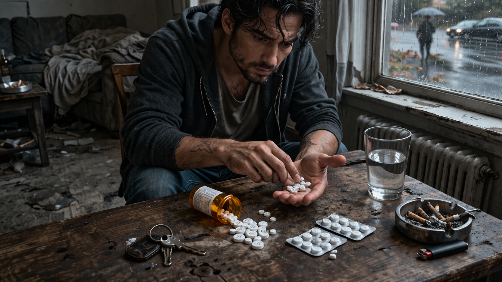 مشهد واقعي لشخص يجلس في غرفة معتمة أمام حبوب أمفيتامين بيضاء، في صورة تعبّر عن الأضرار الصحية والنفسية والاجتماعية للإدمان.