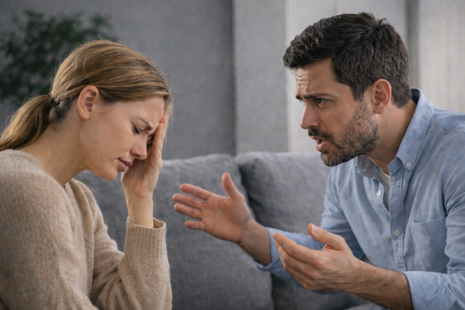 رجل وامرأة في نقاش عاطفي داخل غرفة معيشة، تبدو على أحدهما الحساسية والانفعال بينما يحاول الآخر التحدث بهدوء.